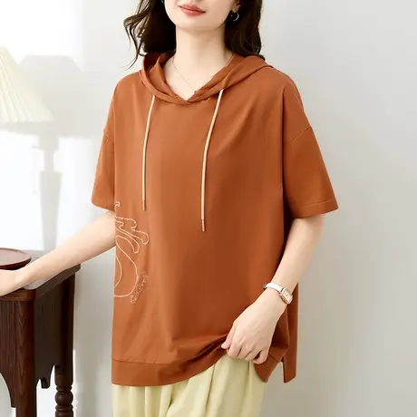 重工刺绣女士夏装中长款纯棉t恤衫休闲连帽上衣服龙年短袖体恤潮商品大图
