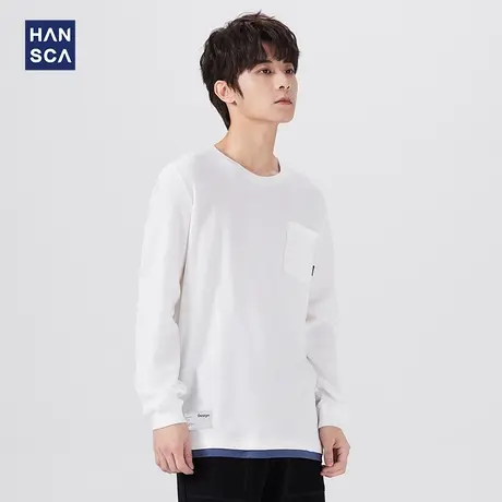 汉斯卡 长袖t恤男冬季纯色圆领上衣宽松休闲潮流假两件内搭打底衫商品大图