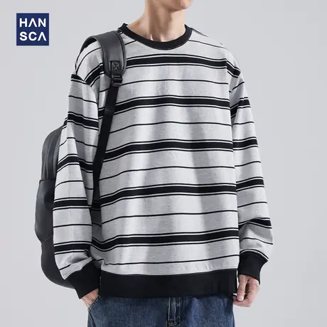 hansca春季重磅条纹卫衣男潮牌美式撞色潮流圆领宽松套头上衣外套商品大图