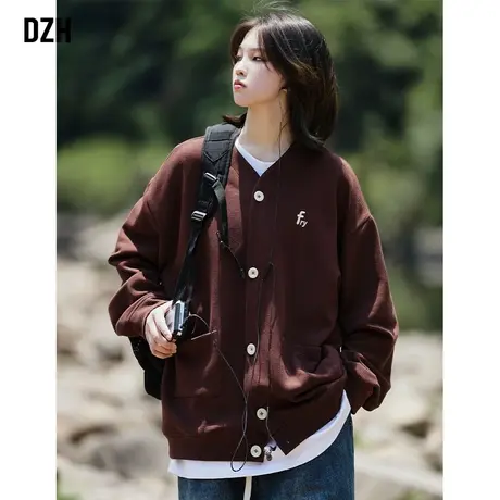 青少年华夫格开衫卫衣男春秋款美式复古外套情侣装2024年新款春装商品大图