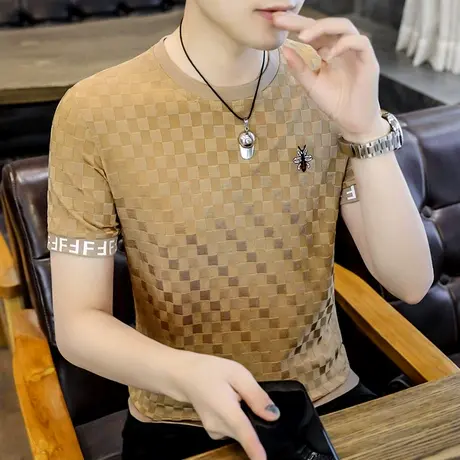 短袖夏天冰丝t恤男潮流薄款透气速干夏装华夫格子半袖打底衫上衣商品大图