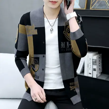 潮牌高端毛衣男开衫秋季2022新款欧货个性帅气V领格子针织衫外套商品大图