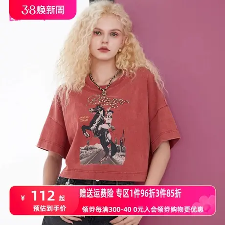 妖精的口袋红色短袖印花短款t恤女2023夏季新款美式小个子上衣潮图片