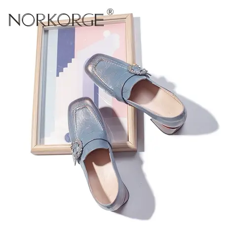 2024新款秋复古仙女风文艺蓝金色JK乐福鞋女鞋真皮方头粗跟高跟鞋商品大图