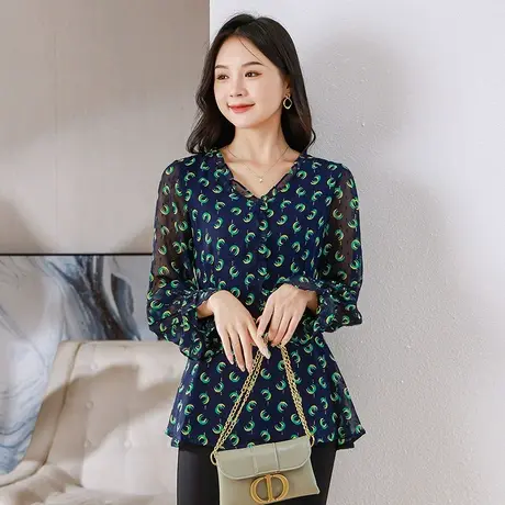 伊自尚2023早秋季女装大码胖mm遮肉显瘦V领长袖印花衬衫上衣女潮商品大图