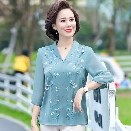 妈妈夏季衣服洋气中老年女衬衫翻领上衣40岁50中年女装夏装雪纺衫商品大图