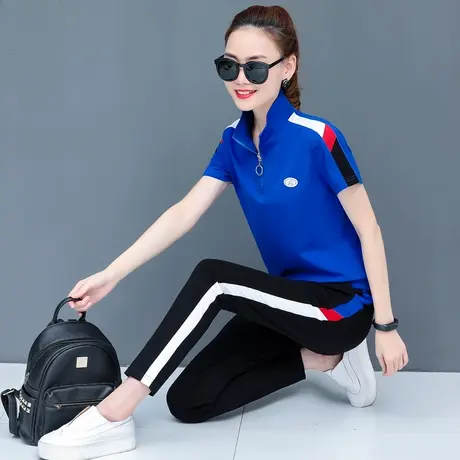 【6折清仓】纯棉运动套装女夏季时尚短袖长裤大码休闲衣服两件套商品大图