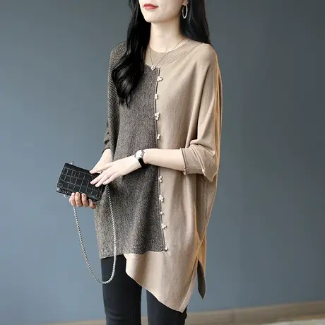 宝诗黎蝙蝠袖秋季中长针织衫女新款打底拼接钉珠毛衣2023圆领上衣商品大图