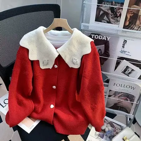 2023早春新款娃娃领针织开衫女春秋加厚设计感小众毛衣短外套上衣商品大图