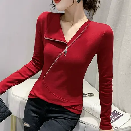 2023春秋新款时尚拉链T恤女长袖百搭气质打底衫设计感小众上衣ins商品大图