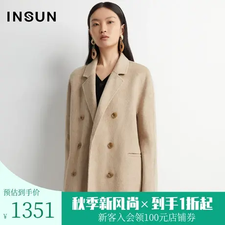 恩裳2022冬季经典双排扣简约廓形驼色羊毛毛呢外套女图片