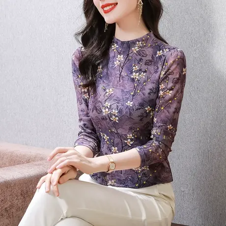 网纱印花T恤女长袖初秋2023新款洋气内搭半高领打底衫修身上衣潮商品大图