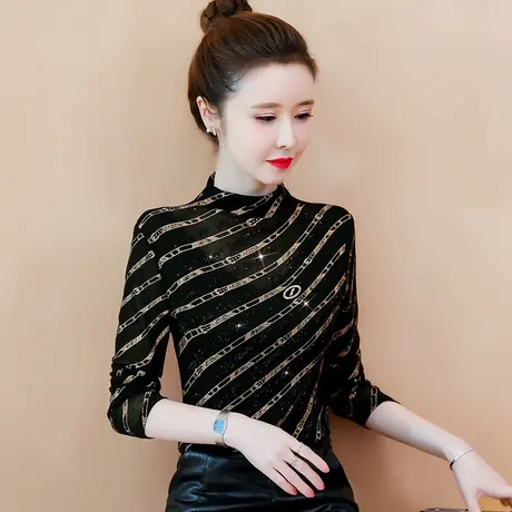 打底衫女内搭长袖春秋冬洋气2023年新款加绒加厚t恤条纹蕾丝上衣商品大图