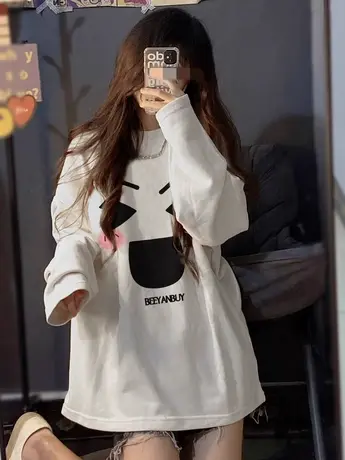 纯棉宽松长袖t恤秋冬2023新款欧货大版内搭chic慵懒风小众爆款ins图片