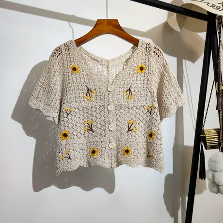 勾花镂空短袖针织小开衫女夏季新款v领气质时尚绣花短款上衣外穿商品大图