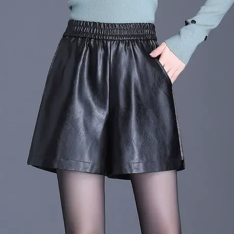 高腰皮短裤女2023新款韩版春秋百搭外穿PU皮裤宽松阔腿裤休闲靴裤商品大图