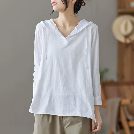 dza复古短款连帽长袖t恤女士宽松上衣打底衫春秋新款纯棉开叉体恤商品大图