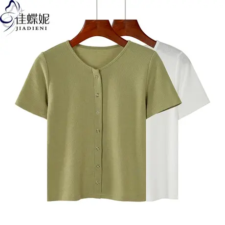 夏季新款韩版小宽松纯色圆领开衫短袖体恤上衣休闲短款内搭打底女商品大图