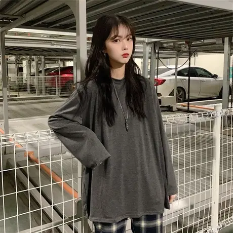 港味早春季上衣女装潮2020新款纯色慵懒风酷长袖t恤女韩版宽松ins图片