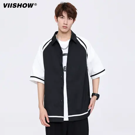VIISHOW夏季美式衬衫男女潮牌酷丝绵撞色宽松情侣翻领上衣外套商品大图