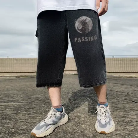 胖子重磅牛仔七分裤男加肥加大码口袋宽松复古7分裤潮流夏季肥佬图片