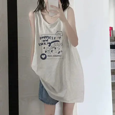 纯棉吊带坎肩背心无袖t恤女夏季设计感小众外穿宽松港风挂脖上衣图片