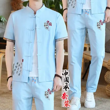 棉麻套装男亚麻短袖t恤夏季新款复古唐装休闲一套衣服汉服v领唐装图片