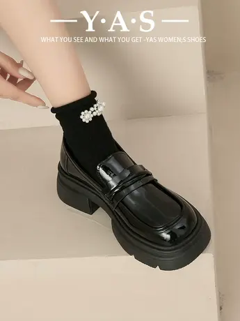 厚底粗跟英伦风小皮鞋女2024新款春季一脚蹬女鞋黑色漆皮乐福鞋商品大图