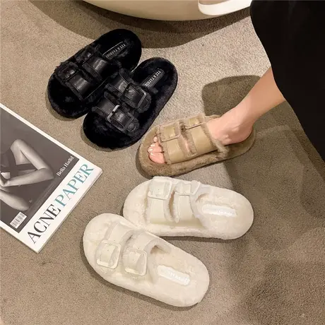 皮带扣毛毛拖鞋女家用秋季2024新款网红冬天厚底毛绒棉拖时尚防滑商品大图