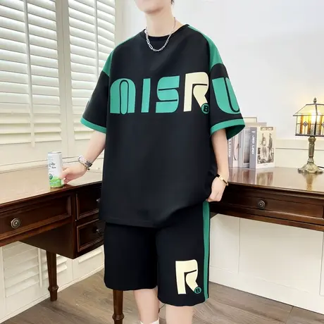 2023夏季新款男士短袖T恤套装青少年港风宽松半袖体恤短裤两件套商品大图