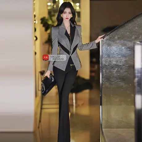 VJE商务女装撞色西装微喇叭裤新款精致女人味洋气小西服套装图片