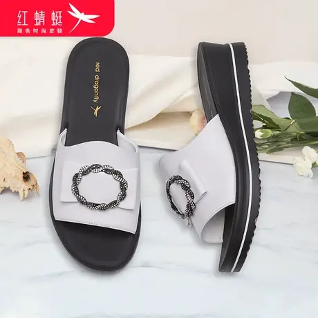 红蜻蜓女鞋2024新款夏季真皮一字拖厚底平底坡跟时尚防滑凉拖鞋图片