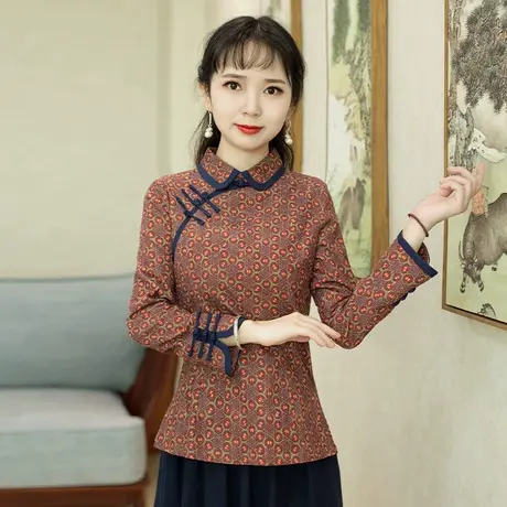 筠雅棉麻唐装女中国风秋装旗袍式上衣改良长袖中式盘扣茶服外套商品大图