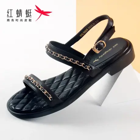 红蜻蜓女鞋女凉鞋夏季新款低跟时尚软底舒适百搭沙滩牛皮鞋妈妈鞋商品大图