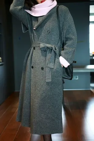 2023秋冬设计师新款女装法式优雅高级山羊绒系带毛呢大衣商品大图