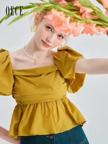 Oece复古大方领衬衫女2023夏季新款女装甜美短袖上衣商品大图