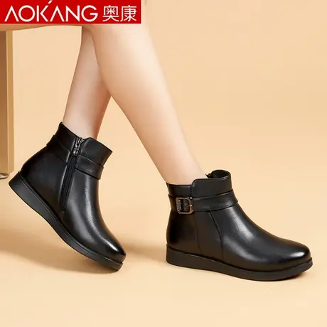奥康棉鞋女冬季加厚真皮休闲加绒保暖短靴女平底中老年妈妈皮棉鞋图片