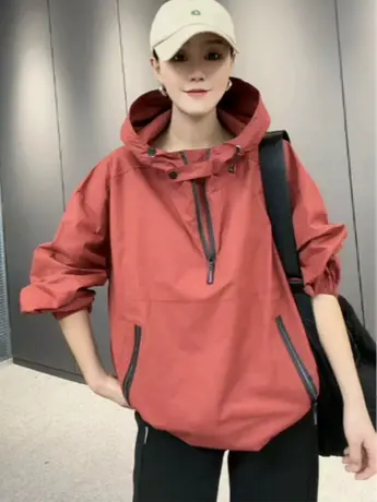 纯色拉链连帽冲锋衣套头外套女2023春秋爆款高级减龄风衣宽松上衣商品大图