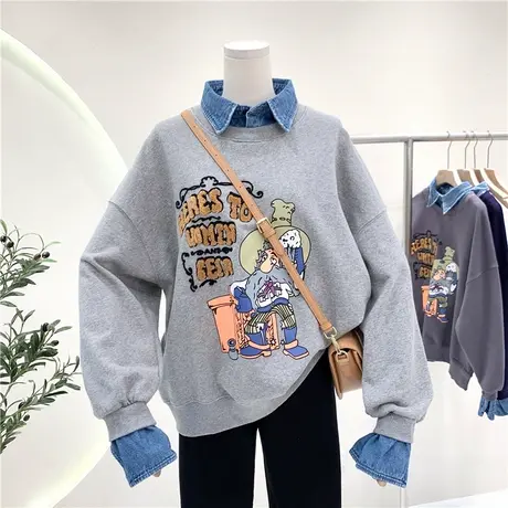 卫衣女春秋薄款2021新款韩版ins潮假两件拼接牛仔领宽松套头上衣商品大图