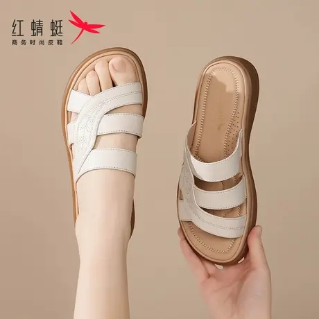 红蜻蜓女士平底一字拖拖鞋女2025新款外穿夏季坡跟凉拖鞋真皮妈妈商品大图