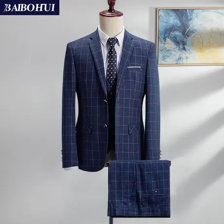 西装男套装新郎结婚礼服韩版修身英伦休闲格子小西服套装男士正装商品大图