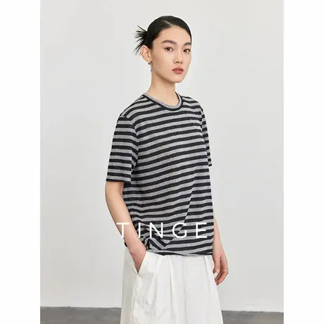 TINGE贴己经典撞色条纹棉质圆领T恤女2025开春休闲显瘦内搭上衣商品大图