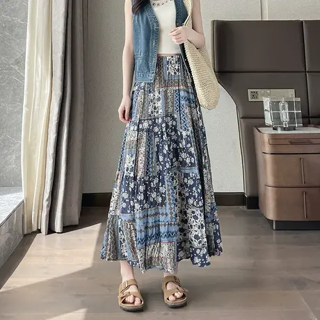 时尚气质半身裙2025年夏季新款女高腰宽松名族风度假休闲拼接裙图片