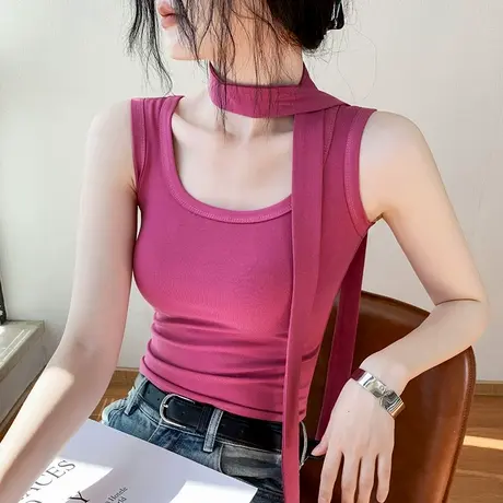 歌倍尚围脖方领无袖背心女2025春季新款修身显瘦外穿纯色内搭上衣商品大图