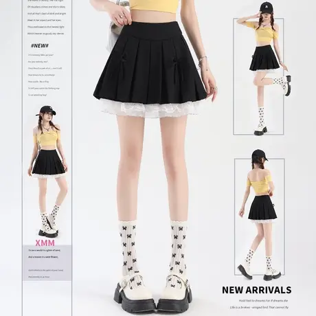 小个子高腰设计感蝴蝶结短裙女2025新款蕾丝花边拼接百褶半身裙图片