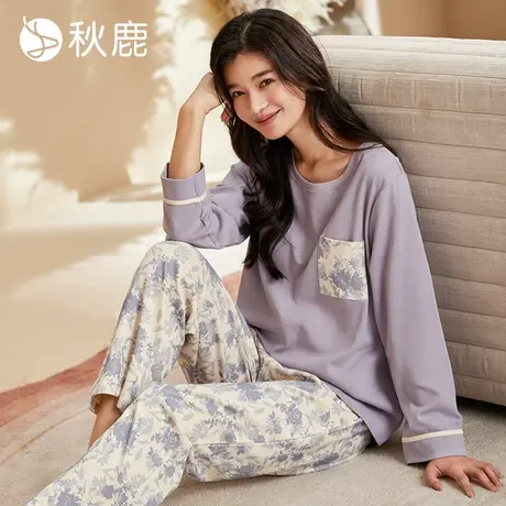 秋鹿纯棉带胸垫睡衣女春秋圆领长袖长裤印花宽松家居服套装可外穿商品大图