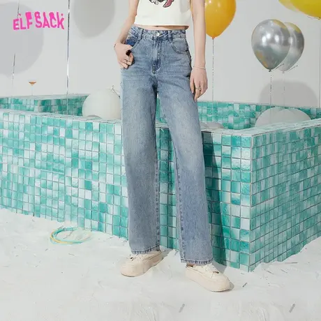 妖精的口袋高腰直筒牛仔裤女2023夏季新款浅色宽松复古显瘦烟管裤图片