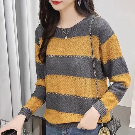 2023秋冬新款条纹撞色针织衫上衣宽松百搭长袖圆领薄款毛衣打底衫商品大图