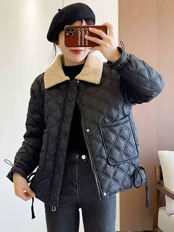 短款羽绒棉服女2023冬季新款韩版收腰显瘦大口袋羊羔毛领棉服外套商品大图