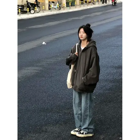 学院风chic灰色开衫外套女vintage大码加绒拉链冬季卫衣ins潮上衣商品大图